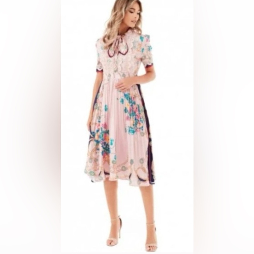 Dahlia Macphee Pink Floral  Pleated Midi Dress Lace Romantic Feminine Victorian - Picture 2 of 16